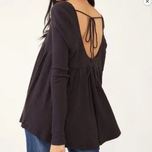Free People It's Always You Tie Back Black Ribbed Long Sleeve Swing Top